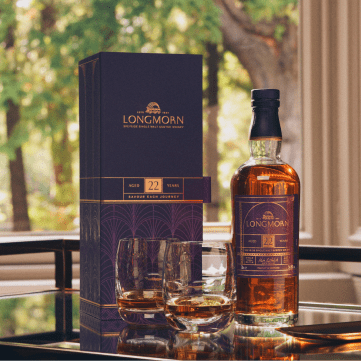 Bottle of 22 Year Old Longmorn Whisky and two glasses